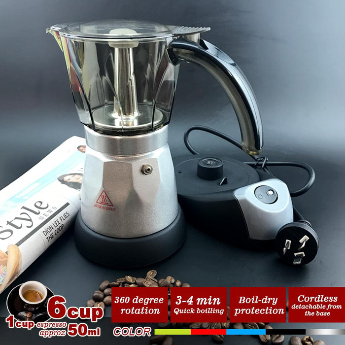 Silver Electric Moka Coffee Maker Espresso Machine Italian Classic 6Cups Auto Power
