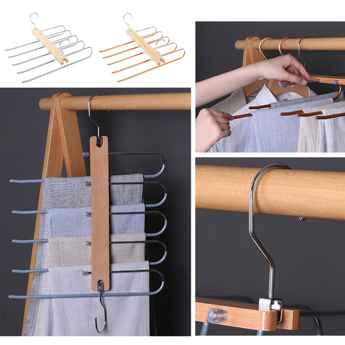 5in1 Wooden & Solid Metal Magic Hanger Pant Clothes Tie Rack Save Space Non Slip