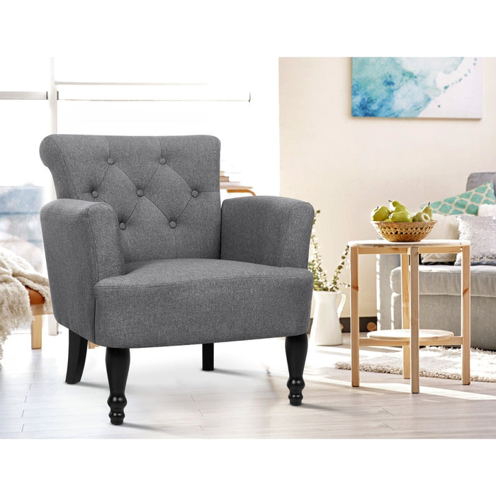 Artiss French Lorraine Chair Retro Wing Wing Armchair Elegant Tuffed Button Design Delicate Fabric Designed Round Corners - Grey