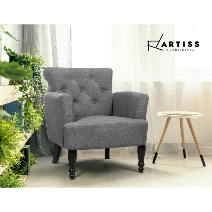 Artiss French Lorraine Chair Retro Wing Wing Armchair Elegant Tuffed Button Design Delicate Fabric Designed Round Corners - Grey