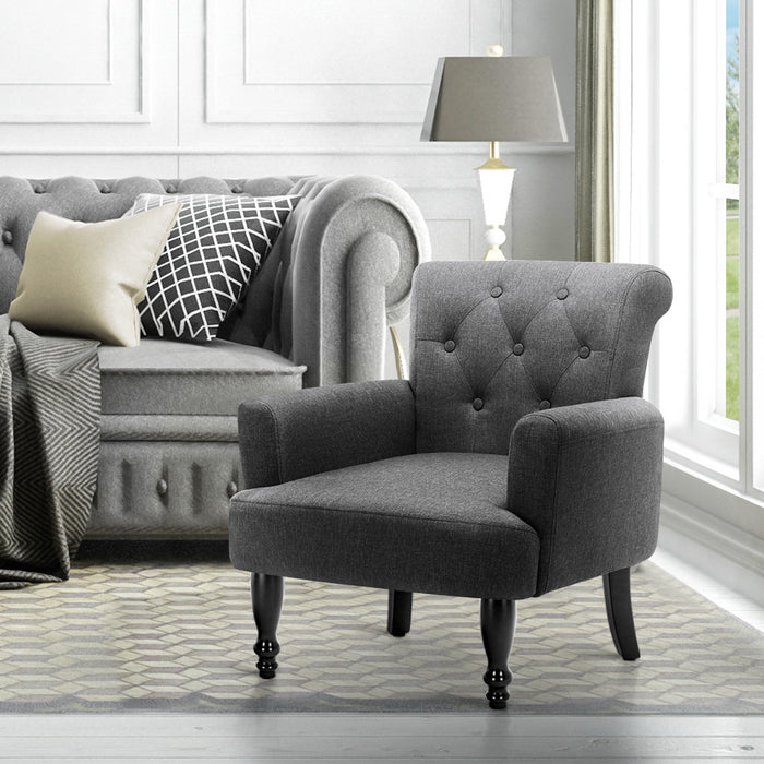 Artiss French Lorraine Chair Retro Wing Wing Armchair Elegant Tuffed Button Design Delicate Fabric Designed Round Corners - Grey