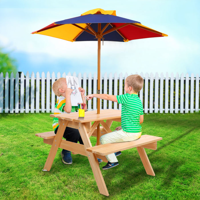 Kids Wooden Picnic Table Set With Umbrella Outdoor