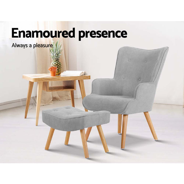 Artiss Armchair and Ottoman Modern Scandinavian Style Elegant Tufted Design High Resilience Foam - Light Grey