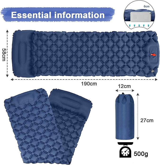 Ultralight Inflatable Camping Sleeping Pad With Pillow For Travelling And Hiking Blue 190x58cm