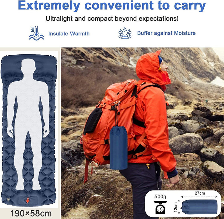 Ultralight Inflatable Camping Sleeping Pad With Pillow For Travelling And Hiking Blue 190x58cm