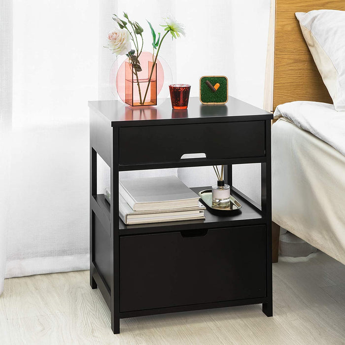 Black Bedside Table with 2 Drawers Side Table Storage Cabinet Nightstand Bedroom Furniture Storage Cabinet