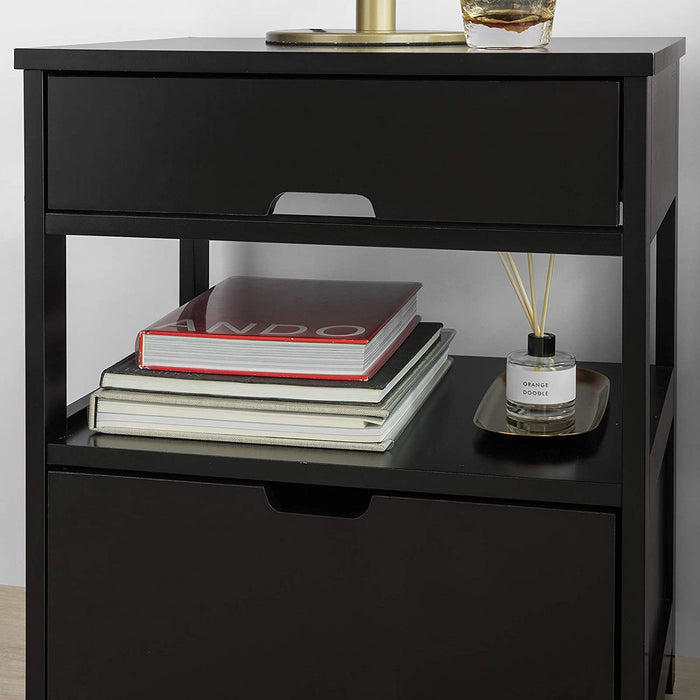 Black Bedside Table with 2 Drawers Side Table Storage Cabinet Nightstand Bedroom Furniture Storage Cabinet