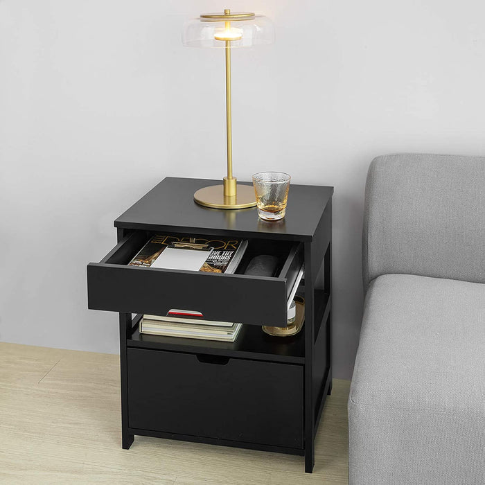 Black Bedside Table with 2 Drawers Side Table Storage Cabinet Nightstand Bedroom Furniture Storage Cabinet