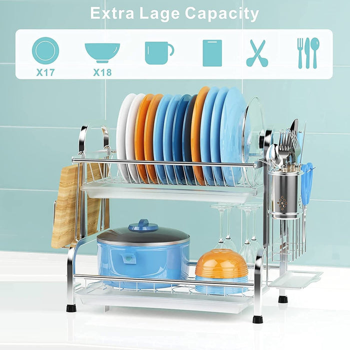 Stainless Steel 2-Tier Dish Drying Rack with Utensil Holder, Cutting Board Holder And Dish Drainer for Kitchen Counter (Silver)