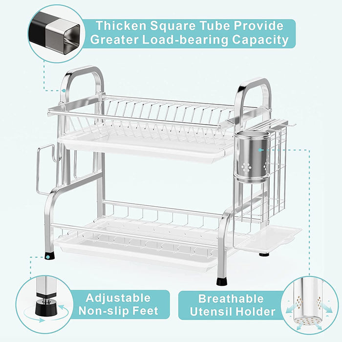 Stainless Steel 2-Tier Dish Drying Rack with Utensil Holder, Cutting Board Holder And Dish Drainer for Kitchen Counter (Silver)
