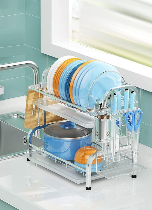 Stainless Steel 2-Tier Dish Drying Rack with Utensil Holder, Cutting Board Holder And Dish Drainer for Kitchen Counter (Silver)