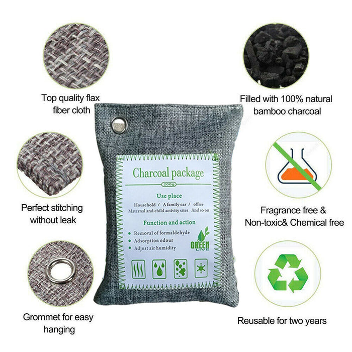 5PCS Air Purifying Bags Activated Bamboo Charcoal Freshener For Car Home Shoes 200g
