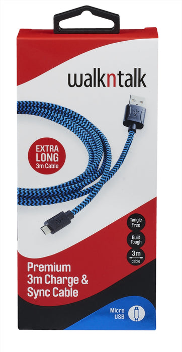 Walkntalk Charge & Sync 3M Cable - Micro USB Mobile Accessory- Blue