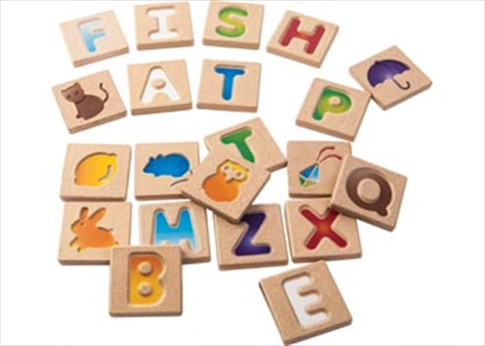 PlanToys - Alphabet A-Z Develop Fundamental Skills Two-sided Wooden Tiles 26 Capital Letters 2 yrs+
