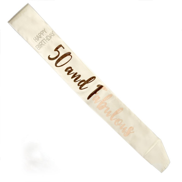 50 and Fabulous Rose Gold on White Sash Hanging Banner Party Decorations