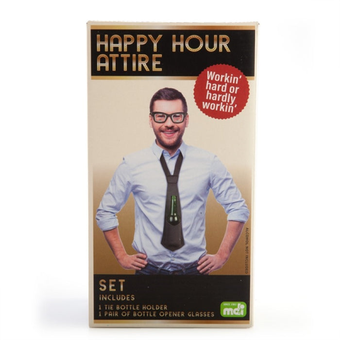 Happy Hour Attire Set Bottle Opener Glasses & Bottle Holder Tie