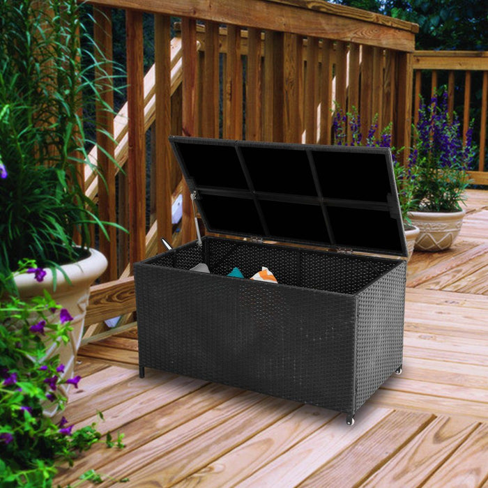 Outdoor PE Wicker Storage Box Garden 320L Shed Toy Tool Outdoor Bench Ottoman Wicker-Black