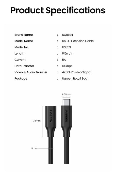 UGREEN 10387 USB-C Extension Cable 1M