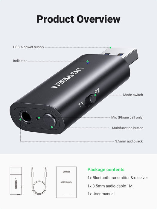 UGREEN 60300 Bluetooth 5.1 Transmitter Receiver  2 in 1 Wireless USB Black
