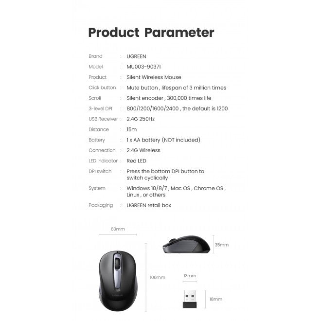 UGREEN 90371 Mini Portable Wireless -2.4 GHz Mouse 10 m/32.8ft