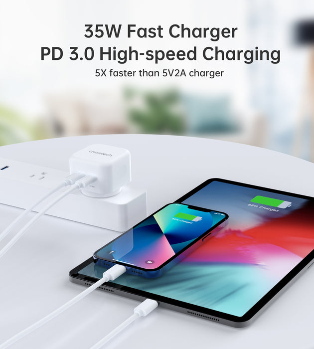 CHOETECH Q5008 PD 35W Dual USB-C Charger Dual-Port Output  Fast Charging Superior Safety