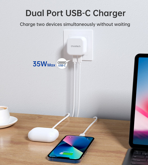 CHOETECH Q5008 PD 35W Dual USB-C Charger Dual-Port Output  Fast Charging Superior Safety