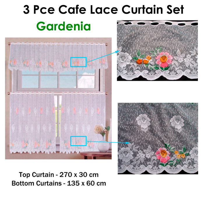 3 Pce Cafe Gardenia Floral Lace Curtain Set Machine Washable