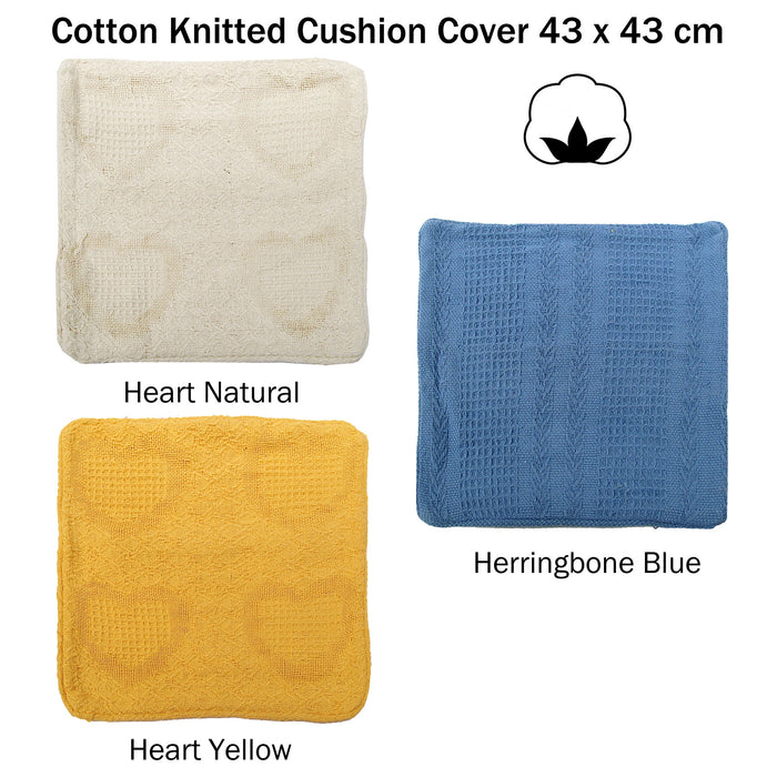 Cotton Knitted Cushion Cover Heart Natural 43 x 43 cm 100% Cotton Hearts & Herringbone Patterns