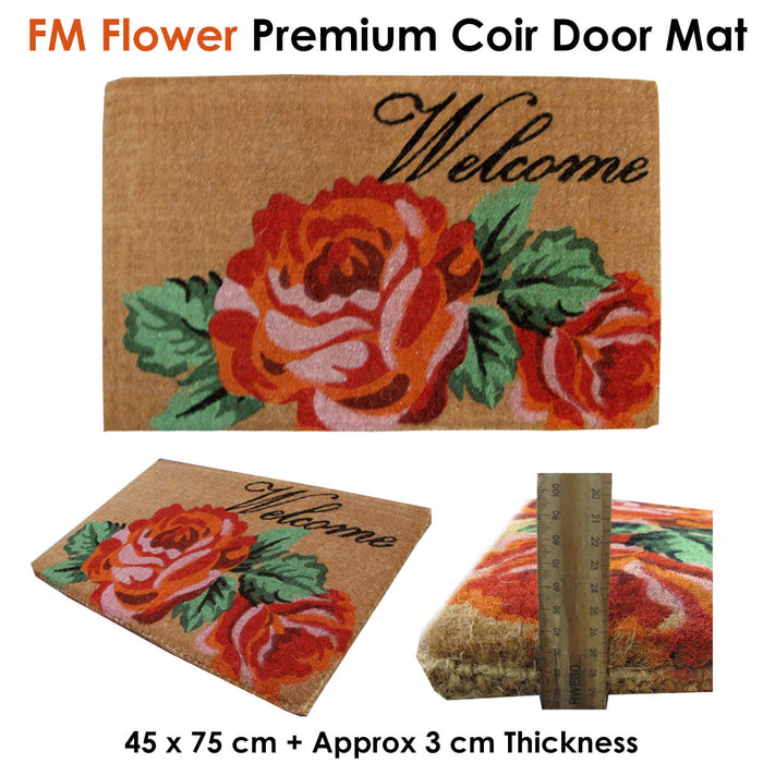Extra Thick Flower Premium Coir Door Mat Rose Textured 45 x 75 cm