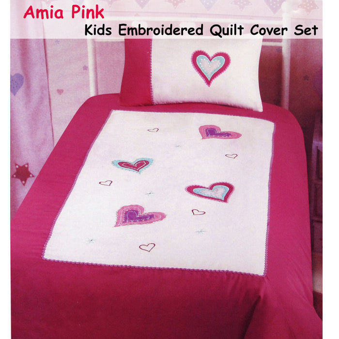 Amia Hearts Embroidered Quilt Cover Set Single Polyester Cotton Machine Washable