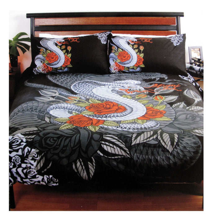 Miami Ink Cobra Black Quilt Cover Set 140 x 210 cm Machine Washable Single