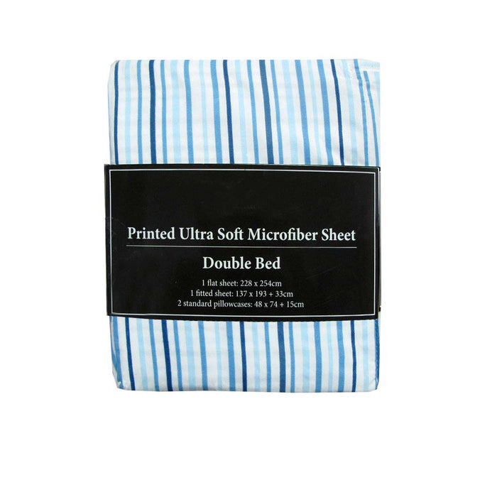 Printed Microfiber Sheet Set Double Blue Lines Ultra Soft 90gsm Polyester Print Design