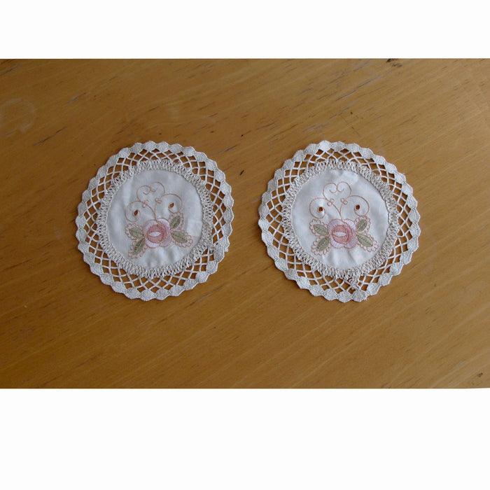 Set of 2 Embroidered Doilies Floral 10- 20 cm Diameter Table Decor