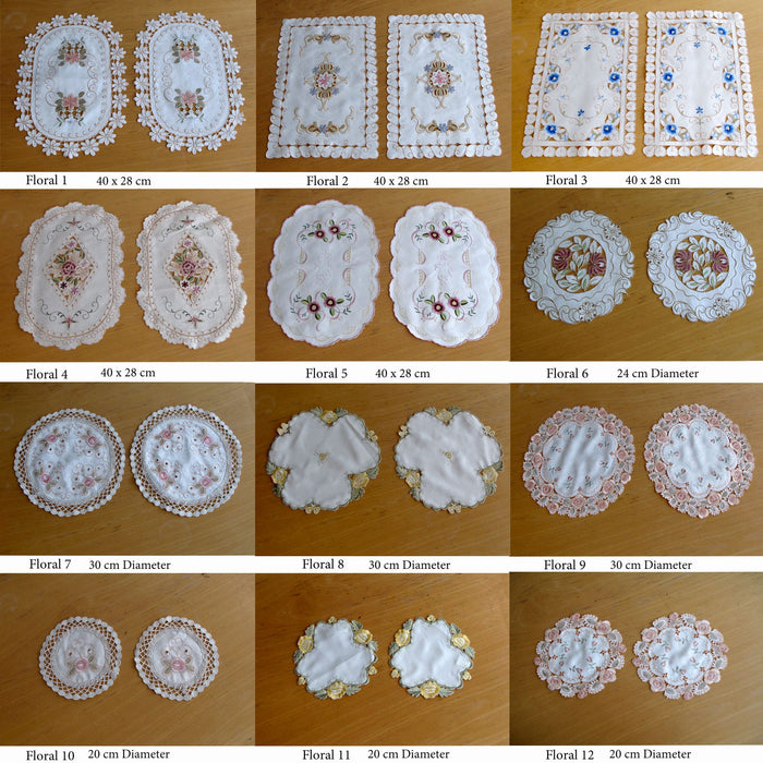 Set of 2 Embroidered Doilies Floral 10- 20 cm Diameter Table Decor