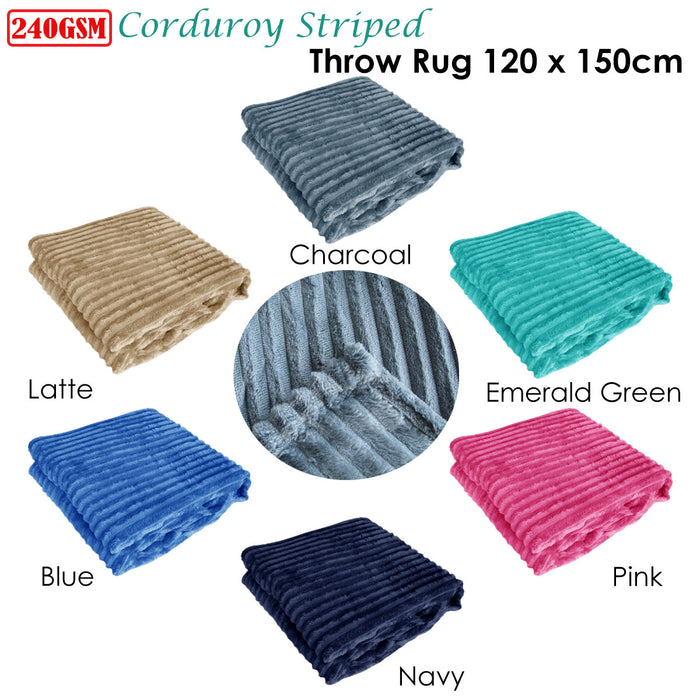 240GSM Corduroy Striped Throw Rug Emerald Green 120 x 150 cm Machine Washable