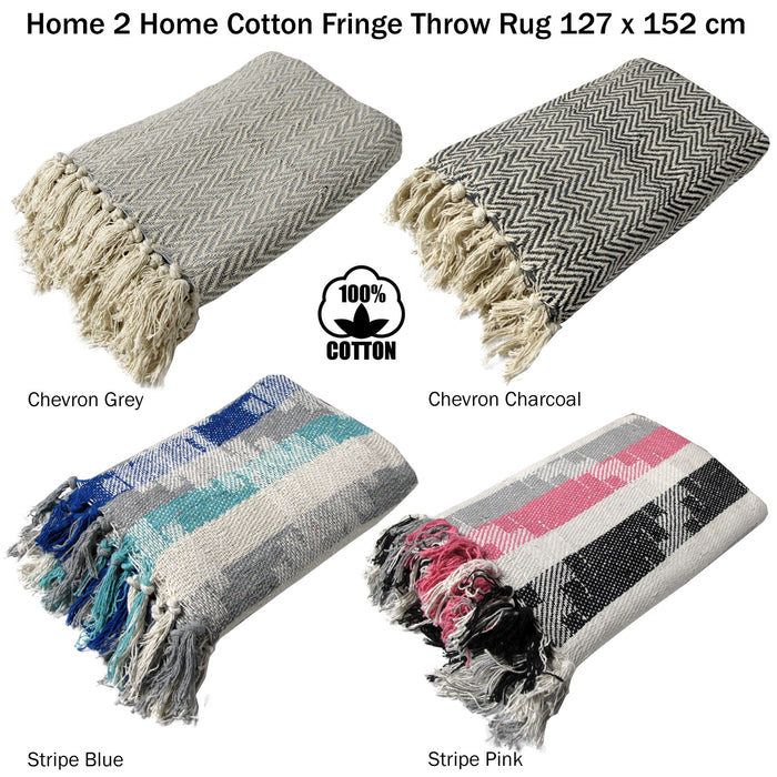 Cotton Fringe Throw Rug Chevron Charcoal 127 x 152 cm 100% Cotton Machine Washable