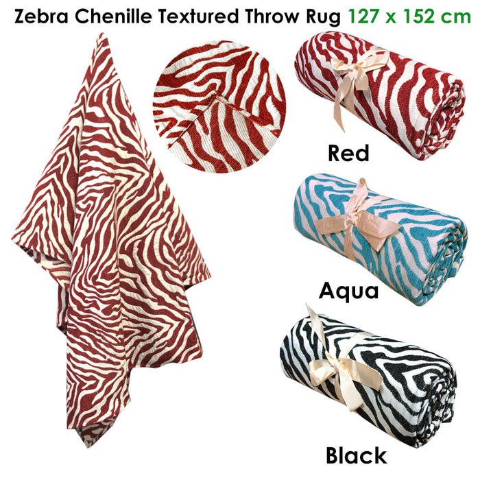 Zebra Chenille Textured Throw Rug Aqua 127 x 152 cm Polyester Textured Zebra Stripes Design