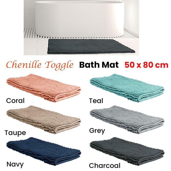 Chenille Toggle Bath Mat 50 x 80cm Coral Ultra Absorbent Rug for Tub Shower and Bathroom