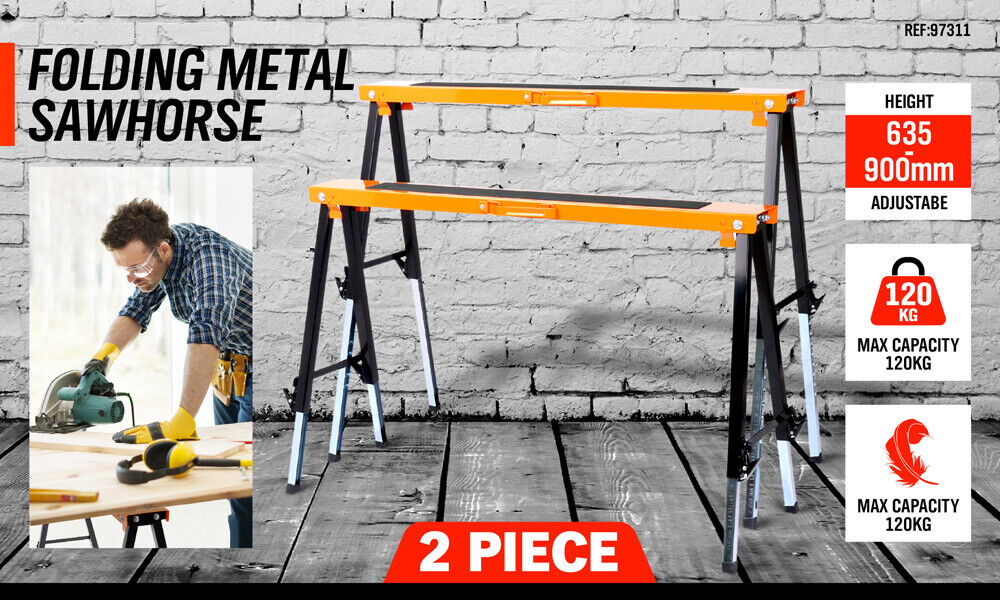 2Pack Mastercraft Sawhorse Metal Folding Non-slip Surface Saw Horse 120KG Capacity