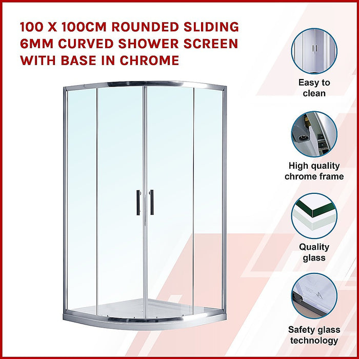 100 x 100cm Rounded Sliding 6mm Curved Shower Screen with Base in ChromeHigh Quality