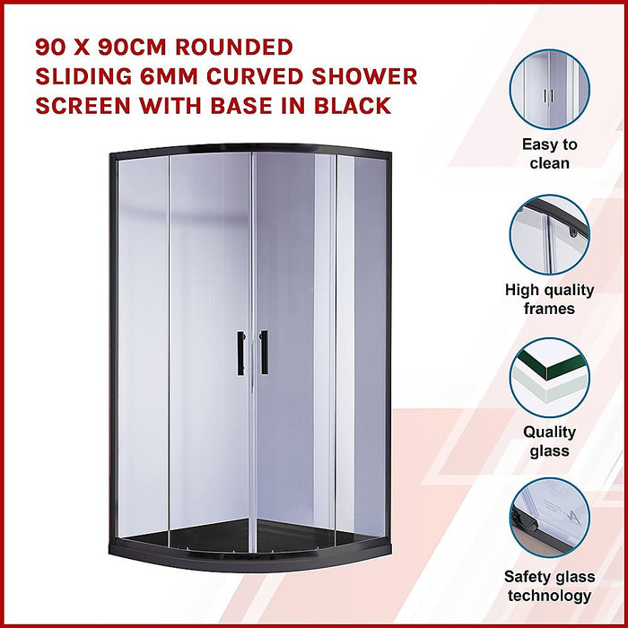 90 x 90cm Rounded Sliding 6mm Curved Shower Screen with Base in BlackHigh Quality