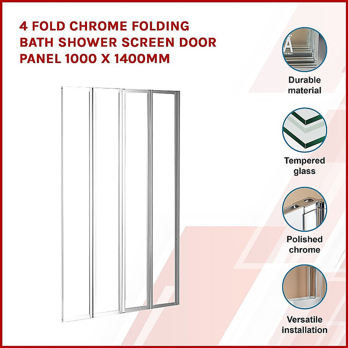 4 Fold Chrome Folding Bath Shower Screen Door Panel 1000 x 1400mmHigh Quality