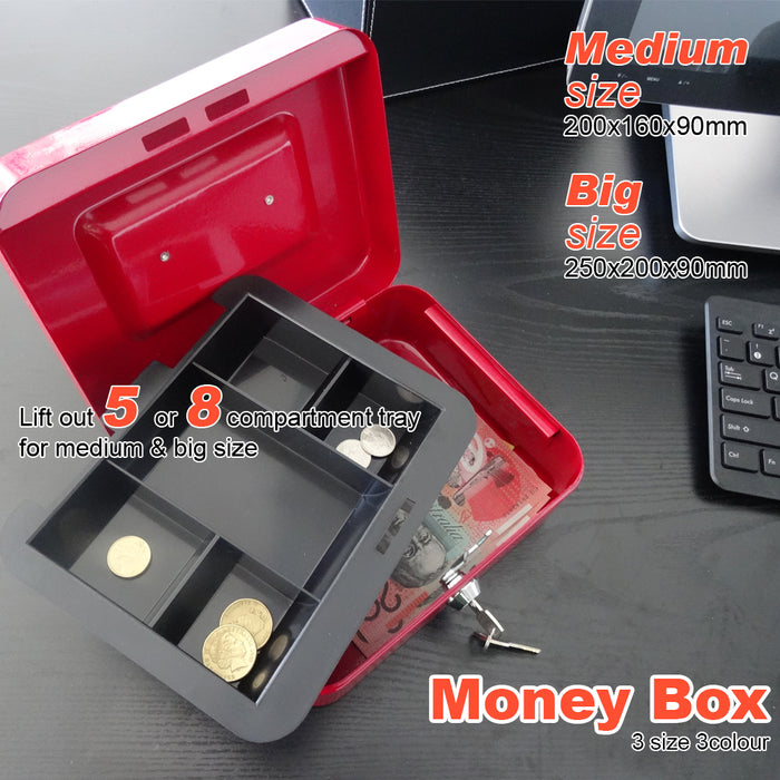 Portable Sturdy Metal Money Box Cash Box with Coin Tray Petty Cash New 3 Colors