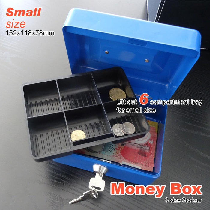 Black Portable Sturdy Metal Money Box Cash Box With Coin Tray Petty Cash New