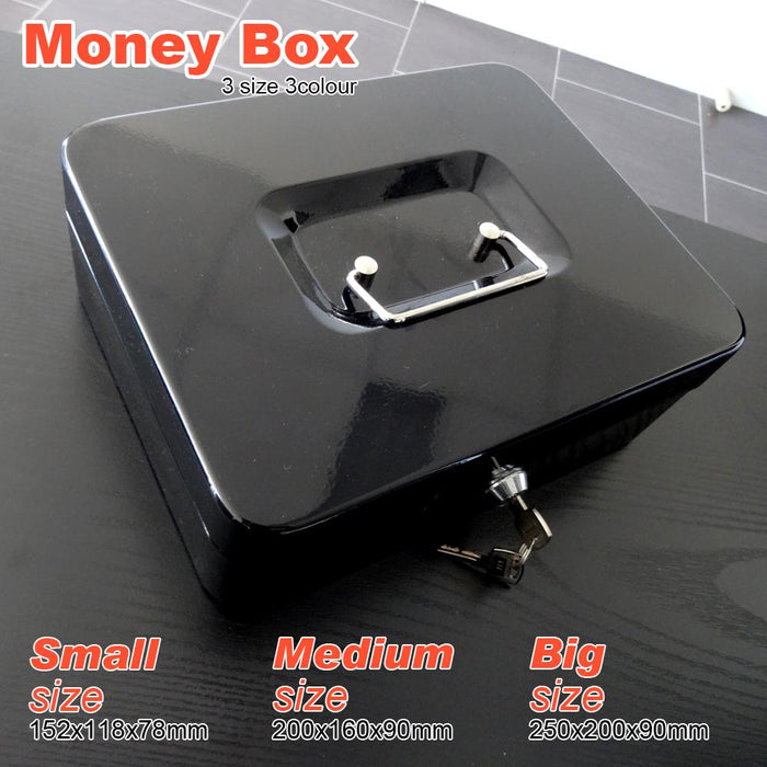 Black Portable Sturdy Metal Money Box Cash Box With Coin Tray Petty Cash New