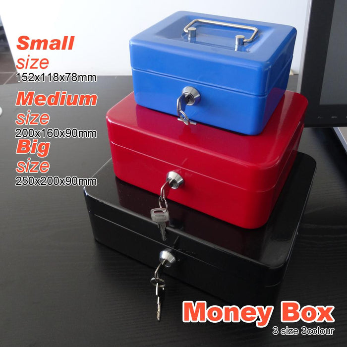 Black Portable Sturdy Metal Money Box Cash Box With Coin Tray Petty Cash New